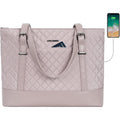 Dusty pink quilted laptop tote bag with dual handles and adjustable shoulder straps