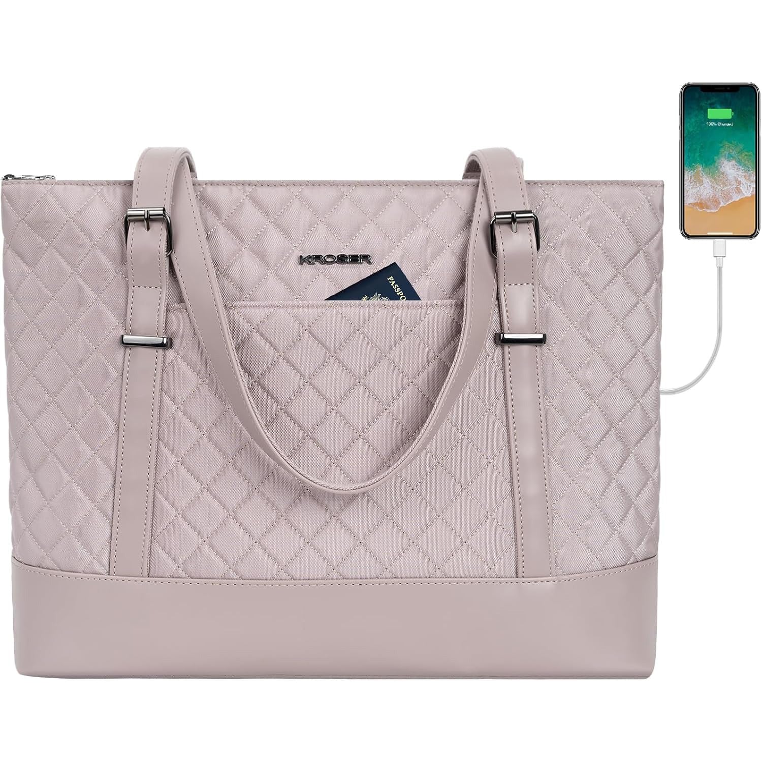 Quilted laptop tote bag in dusty pink with top handles and front pocket