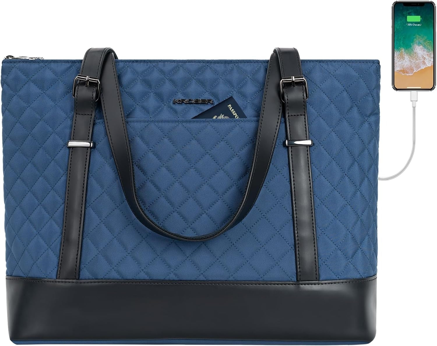 KROSER 15.6" Quilted Laptop Tote Bag with USB
