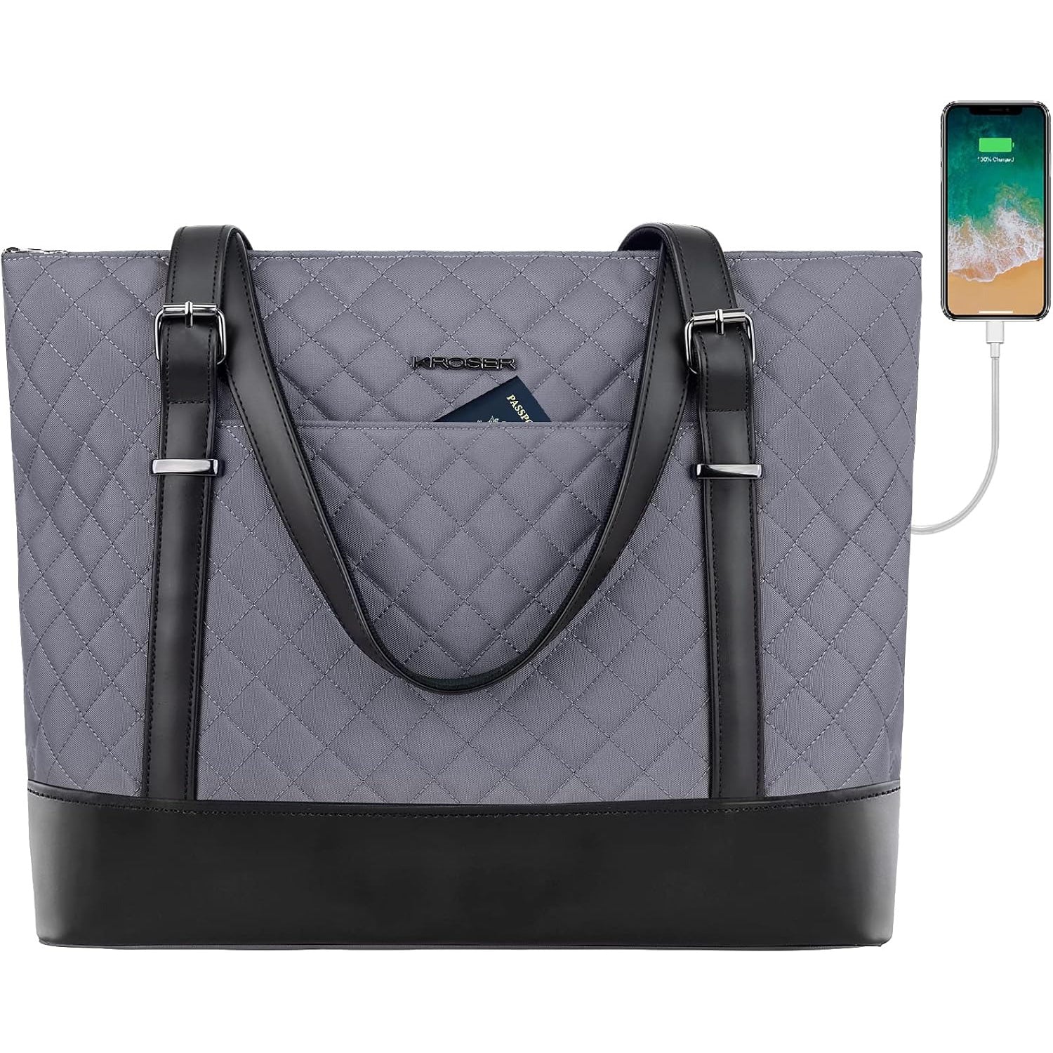 Quilted laptop tote bag in dark grey with black bottom and top handles