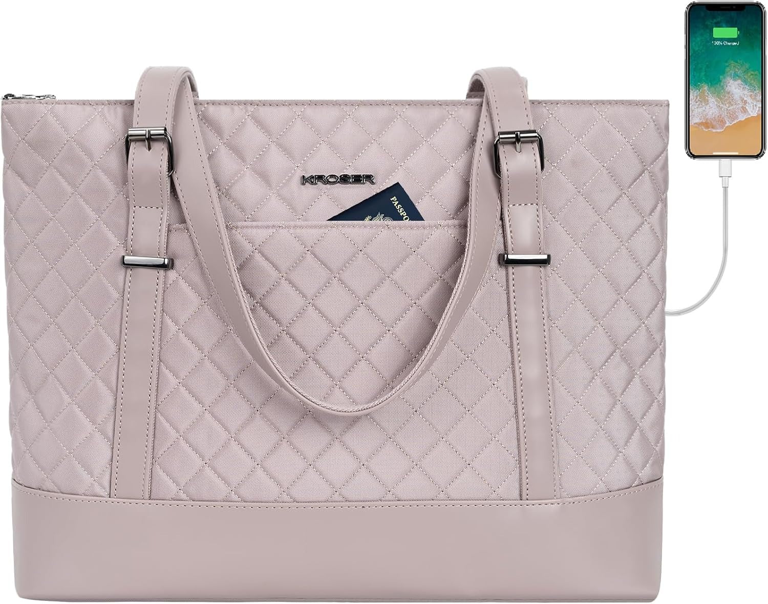 KROSER 15.6" Quilted Laptop Tote Bag with USB