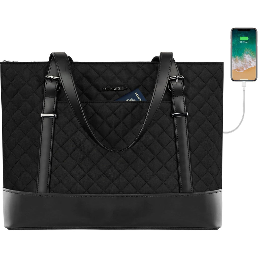 Black quilted laptop tote bag with two top handles and adjustable shoulder strap