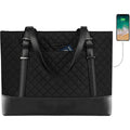 Black quilted laptop tote bag with two top handles and adjustable shoulder strap