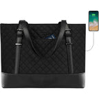 Black quilted laptop tote bag with two top handles and adjustable shoulder strap