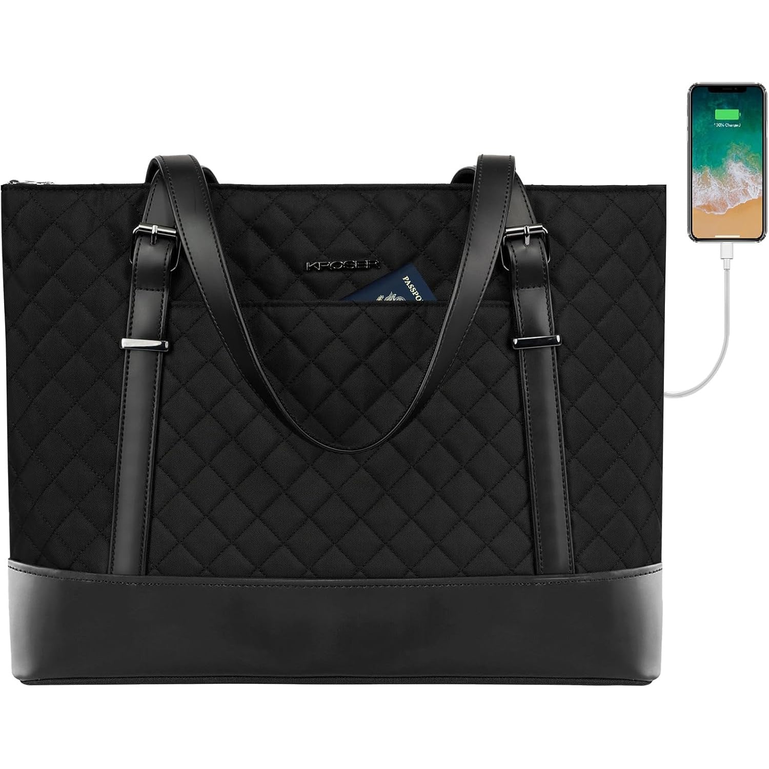 Black quilted laptop tote bag with two top handles and adjustable shoulder strap
