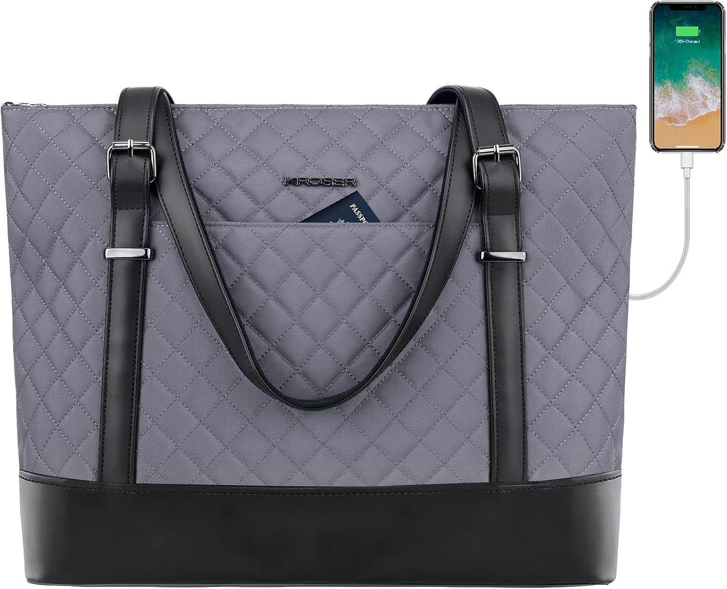 KROSER 15.6" Quilted Laptop Tote Bag with USB