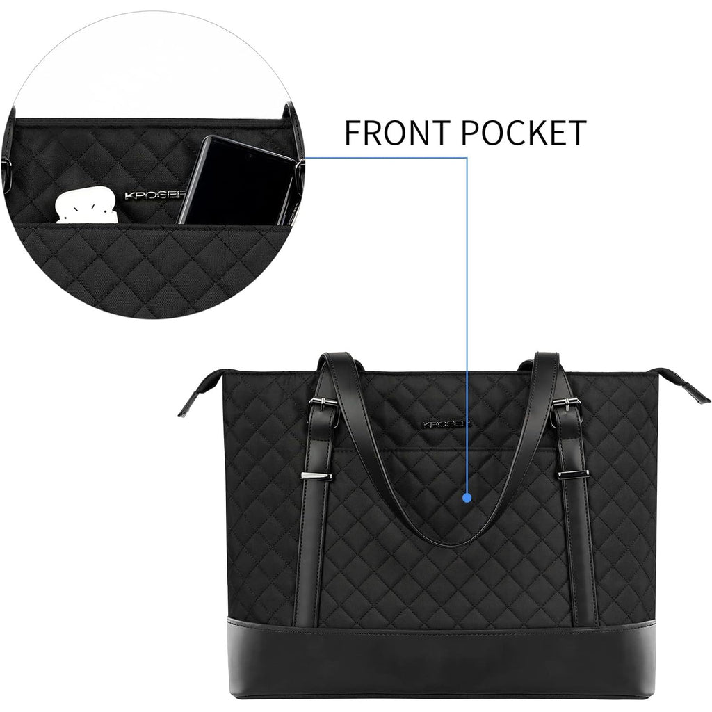 Black quilted laptop tote bag with front pocket detail and dual top handles