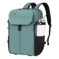 Green carry-on laptop backpack with front pocket flap and side bottle holder.