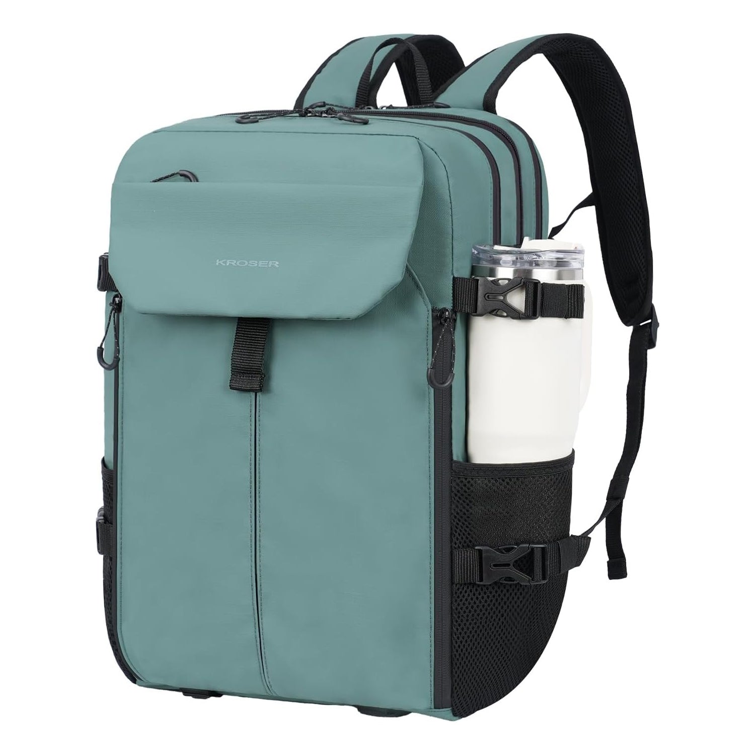 Green carry-on laptop backpack with front pocket flap and side bottle holder.