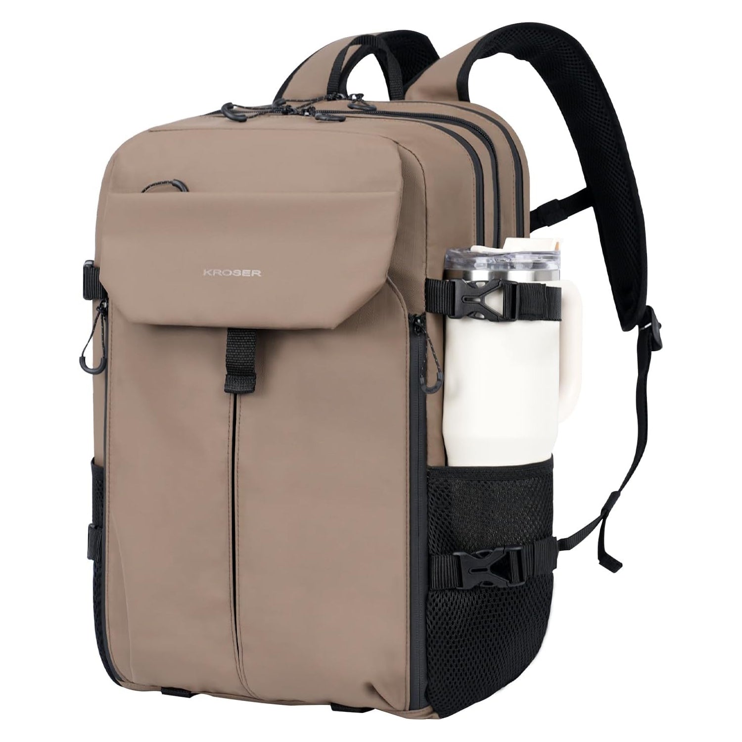 Desert-colored carry-on laptop backpack with front pocket flap and bottle pocket.