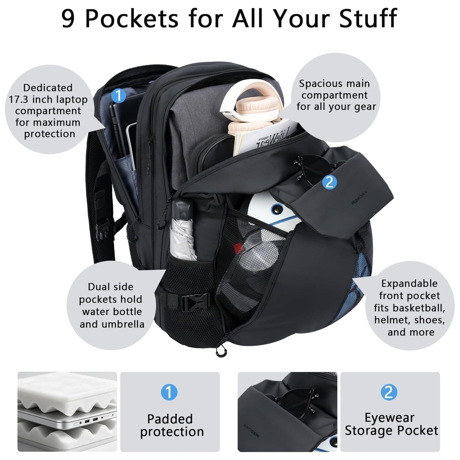 KROSER 17.3 Inch Carry On Travel Laptop Backpack, Flight Approved Computer Bag