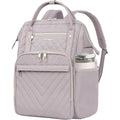 Quilted laptop backpack with front zip pockets, lavender fabric, and gold-tone hardware.