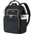 Black quilted laptop backpack with top handle, front zip pockets, and two side straps