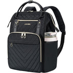 Black quilted laptop backpack with top handle, front zip pockets, and two side straps