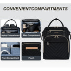 Black quilted laptop backpack with front laptop compartment and main compartment with pouch pocket