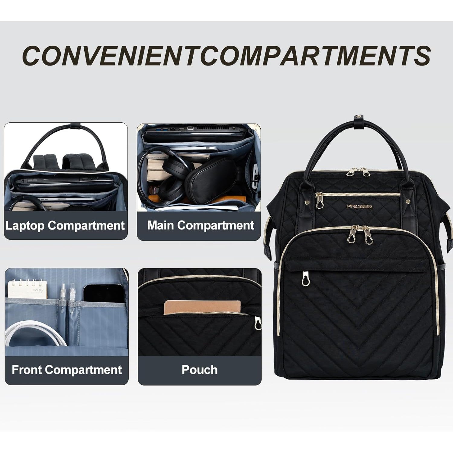 Black quilted laptop backpack with front laptop compartment and main compartment with pouch pocket