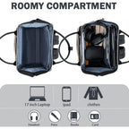 Black laptop backpack opened to show padded laptop sleeve and accessory compartments