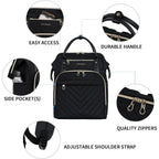 Black quilted laptop backpack with front organizers, adjustable shoulder strap, and side pocket