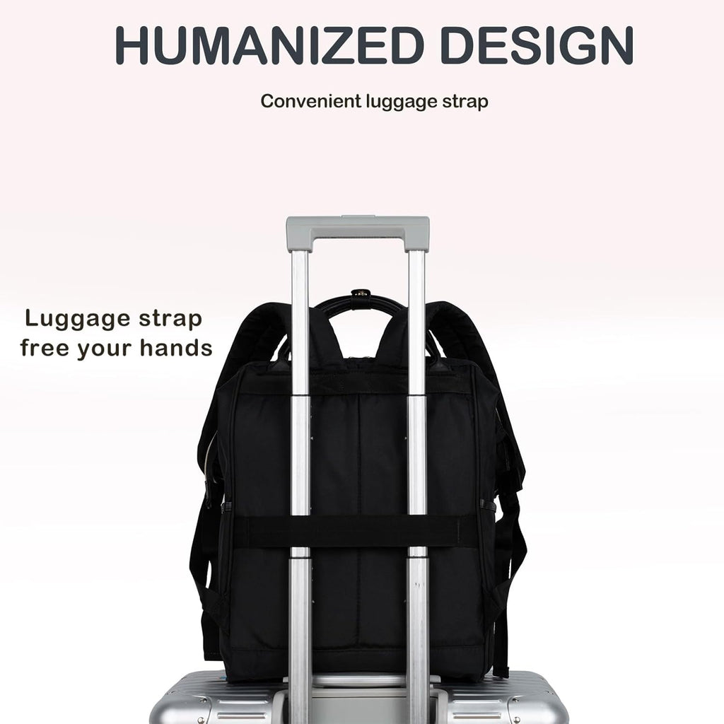 Black quilted laptop backpack with back luggage strap and front zip pockets