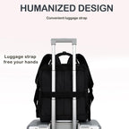 Black quilted laptop backpack with back luggage strap and front zip pockets