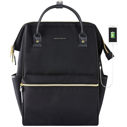 Black laptop backpack with top handle, front zipper, and attached side cable.