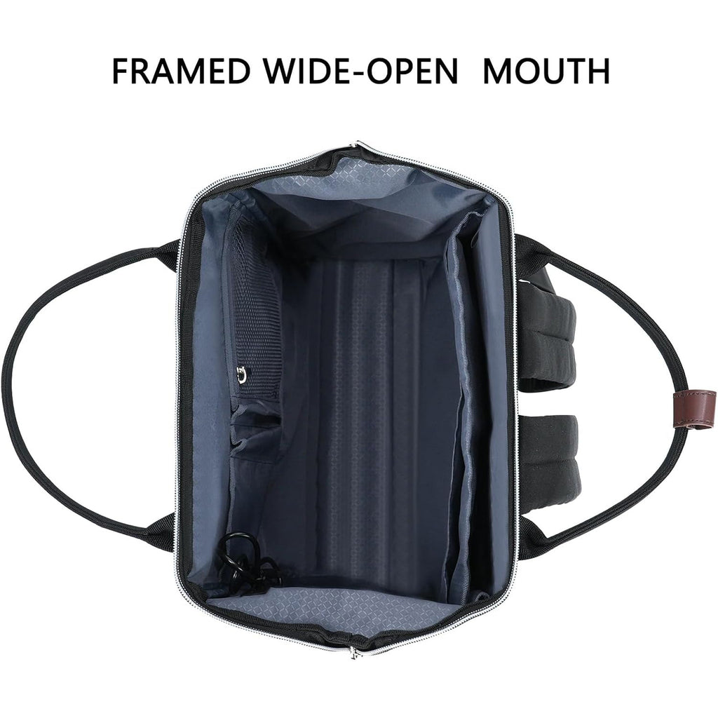 Laptop backpack wide-open mouth showing interior sleeves and storage compartments