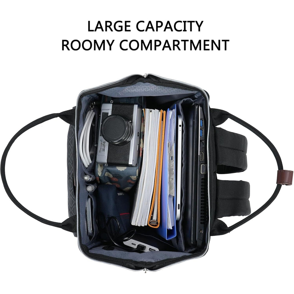 Laptop backpack open with roomy compartment holding folders and accessories