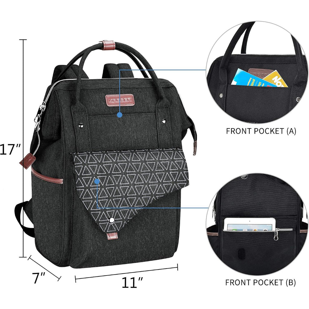 Laptop backpack with geometric front pocket and top handle, front organizer panel