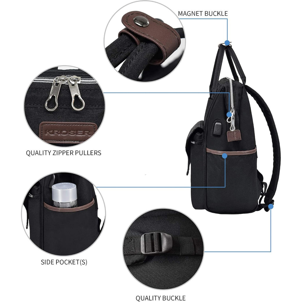 Laptop backpack details: magnetic buckle, quality zip pullers, and side pocket