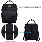 Black laptop backpack with luggage strap, front organizer pocket, and adjustable shoulder straps