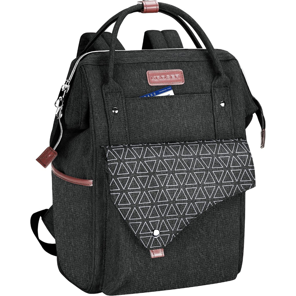 Black laptop backpack with geometric front pocket and top handle, side zipper pulls