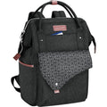 Black laptop backpack with geometric front pocket and top handle, side zipper pulls