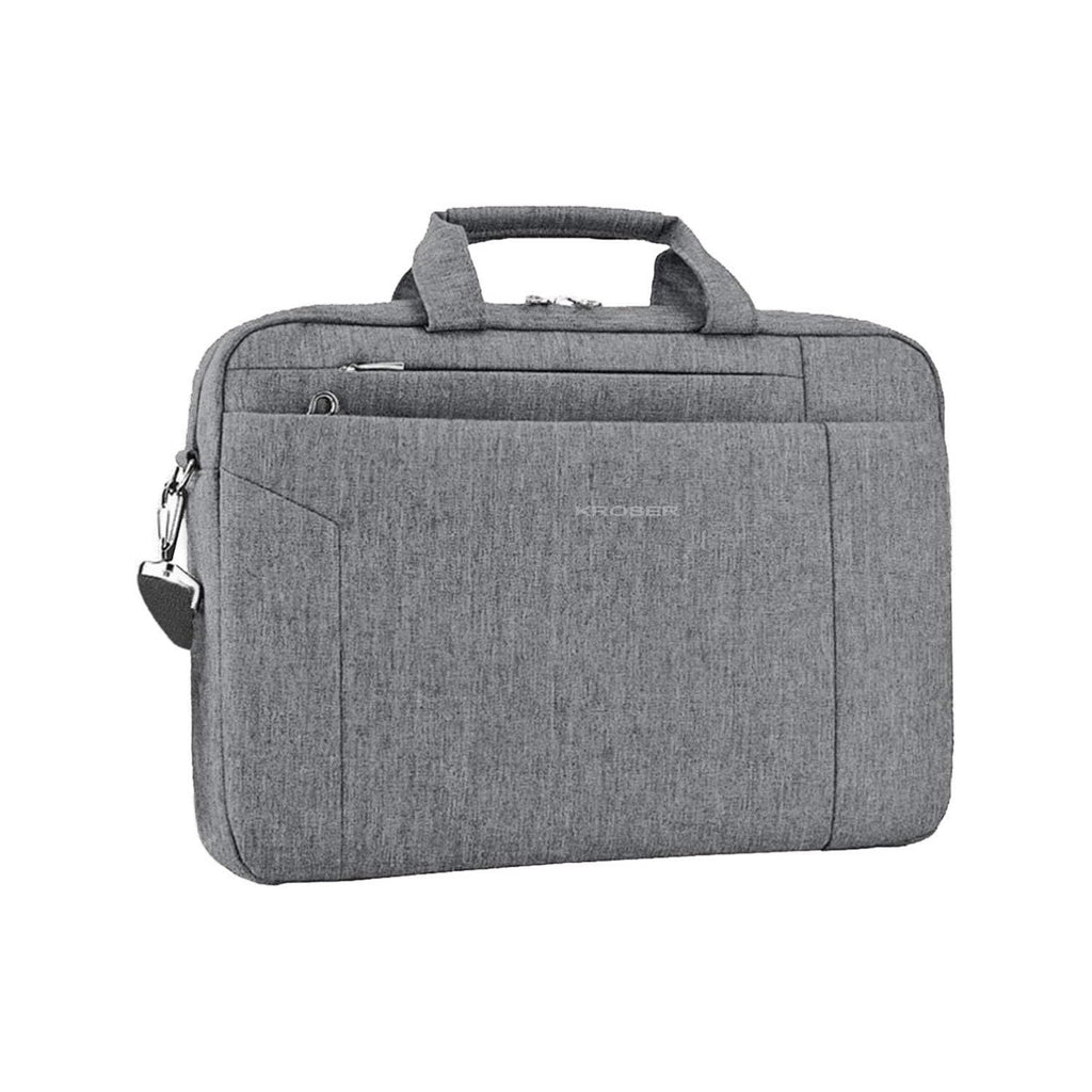 Light gray laptop briefcase with zip front, top handle, and side strap loop