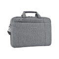 Light gray laptop briefcase with zip front, top handle, and side strap loop