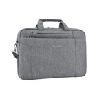 Light gray laptop briefcase with zip front, top handle, and side strap loop