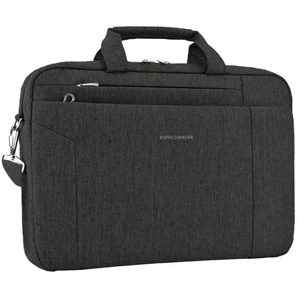 Black laptop briefcase with front organizer panel, zipper closure, and metal key clip