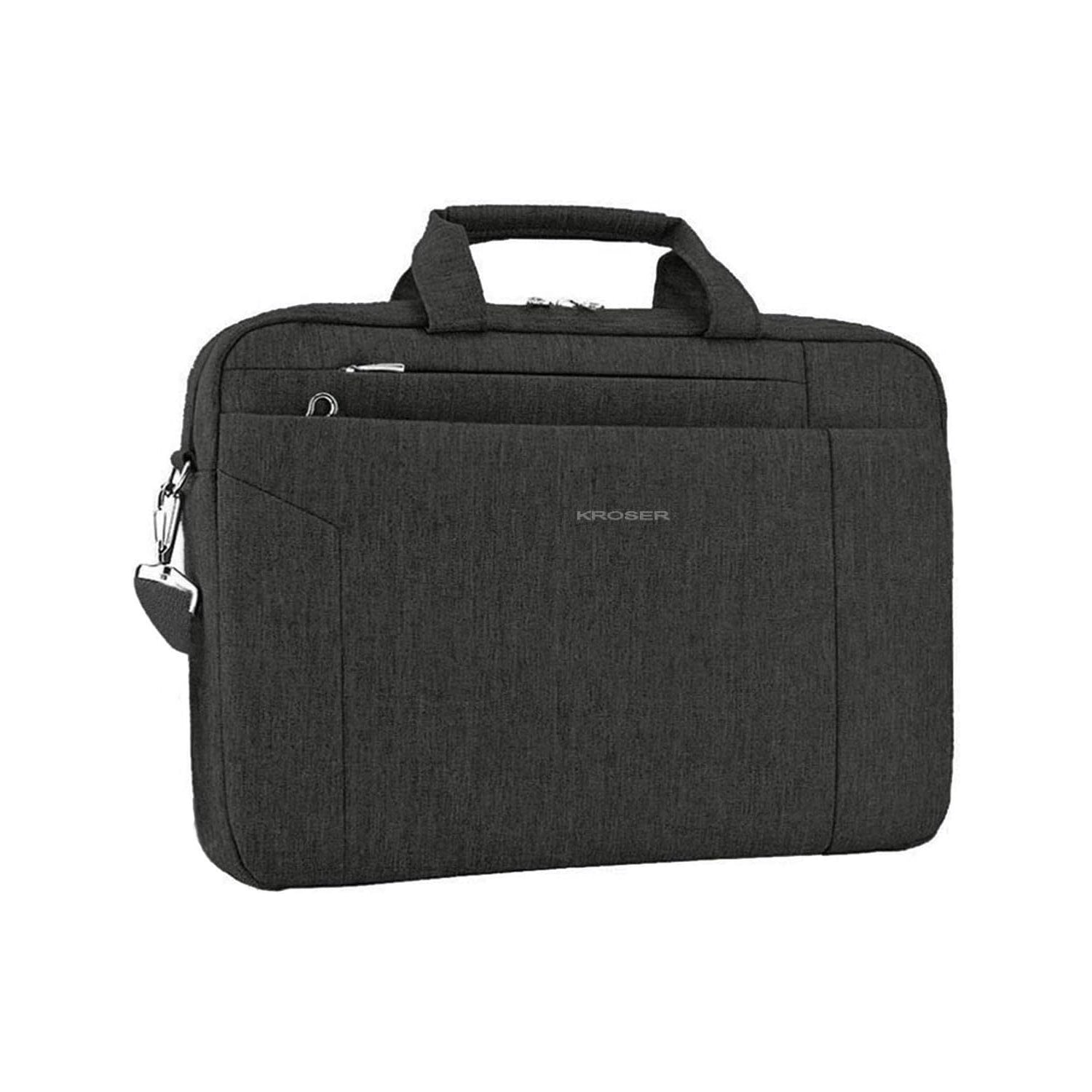 Black laptop briefcase with zip front, top handle, and side strap loop