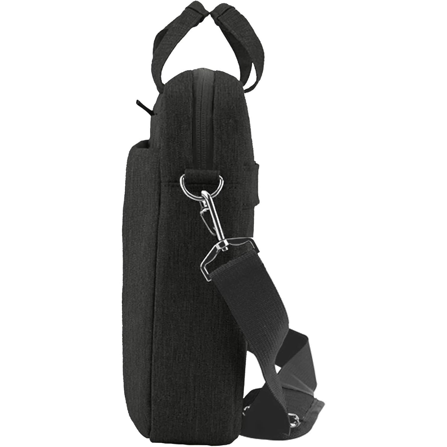 Black laptop briefcase with shoulder strap, metal D-rings, and front zip panel