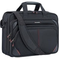Black laptop messenger bag with top handle, front zip pockets, and red trim accents