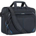 Black laptop messenger bag with blue-trim zippers, front pockets, and shoulder strap