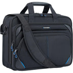 Black laptop messenger bag with blue-trim zippers, front pockets, and shoulder strap