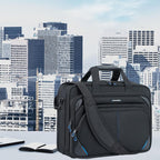 Black laptop messenger bag with front zip pockets and blue trim accents, shoulder strap attached