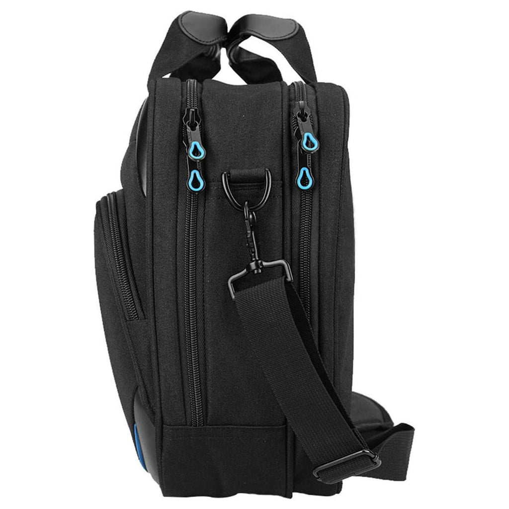 Black laptop messenger bag back view with dual zippers, padded strap, and key clip