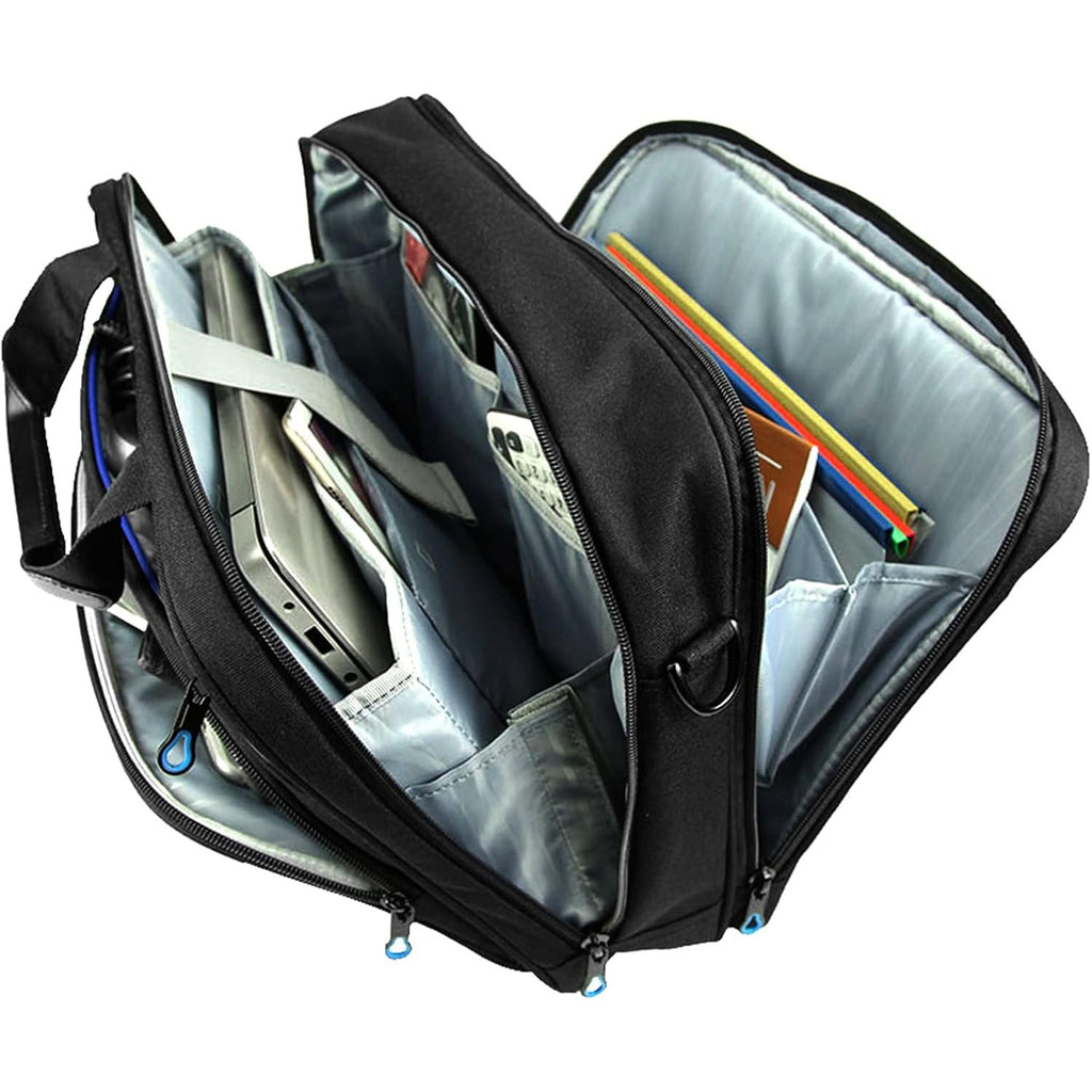 Black laptop messenger bag opened with padded compartments and document organizer sleeves