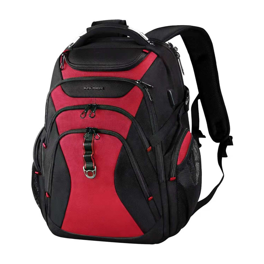 KROSER hard shell RFID travel laptop backpack, black with red panels and front zip pockets