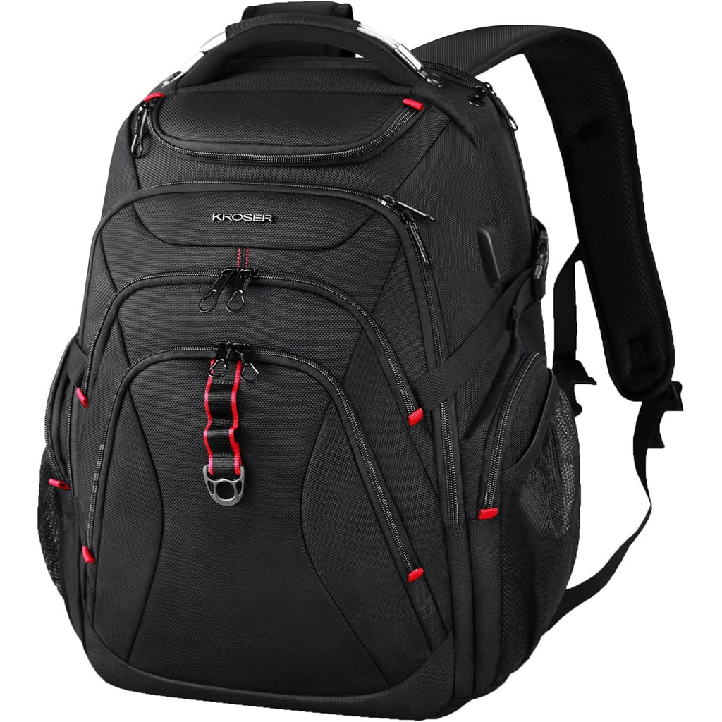 Black hard shell travel laptop backpack with top handle, front organizer, and padded shoulder straps