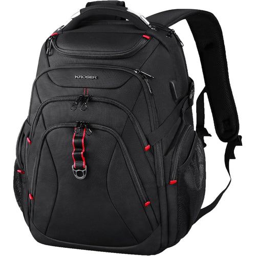 Black hard shell travel laptop backpack with top handle, front organizer, and padded shoulder straps