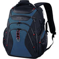 Black and blue laptop backpack with front zip pockets and padded top handle