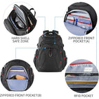 KROSER hard shell RFID travel laptop backpack, black with red accents and front pocket details