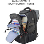 Black travel laptop backpack with open compartments and padded sleeve for devices